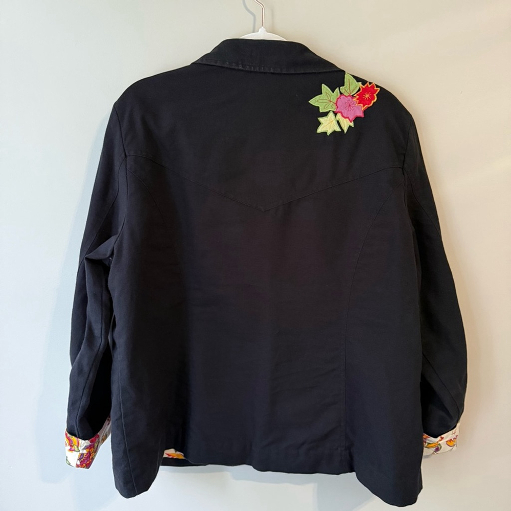 Hearts of Palm Black Tropical Floral Embroidered Cotton Blazer Women’s 16 - Picture 2 of 13